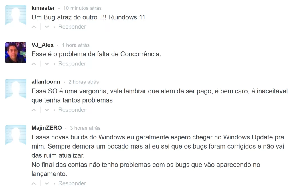 comentários bugs do windows 11