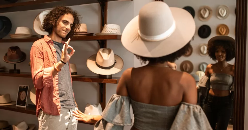 A fashionable couple explores a stylish boutique, trying on trendy hats and enjoying a day of shopping.