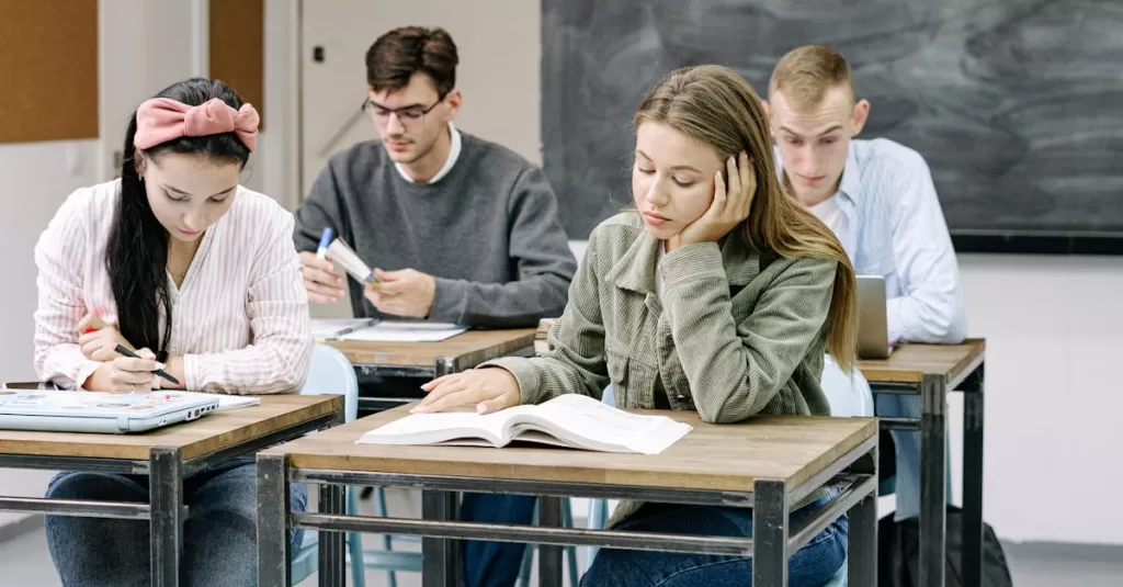 A group of teenagers focusing on studies in a classroom with a blackboard.